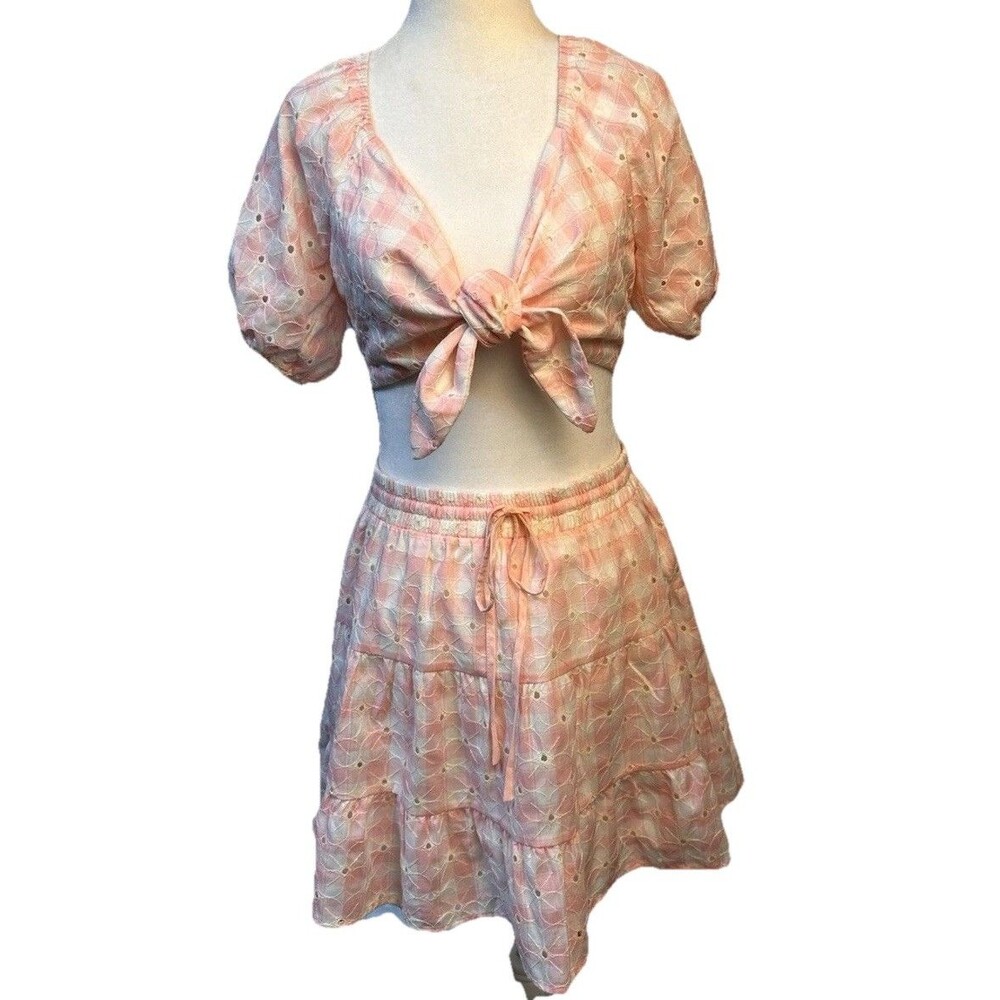 Altar’d State Pink and White Gingham Eyelet Skirt Halter Set Size L Cottagecore